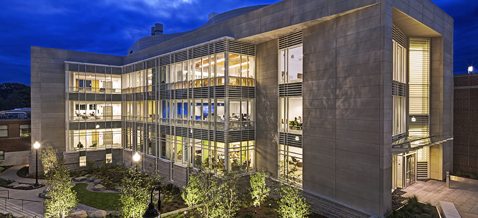 Providence College Science Complex exterior, architectural, nighttime, sky