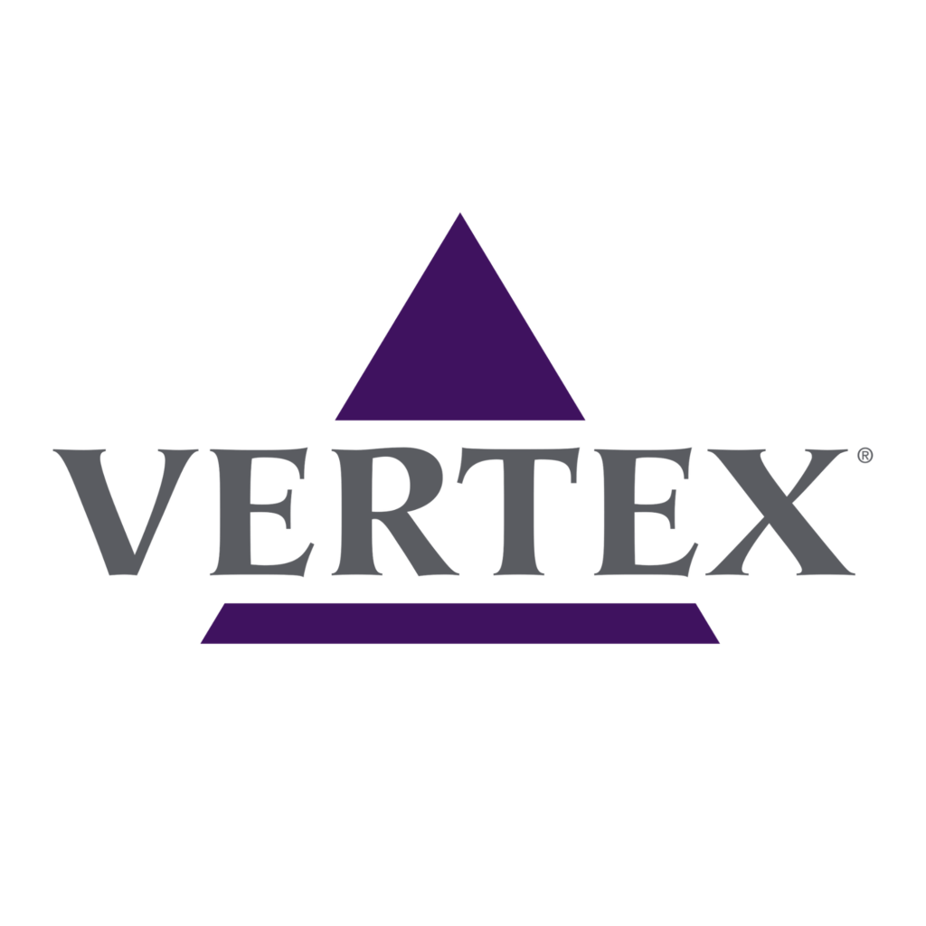 VERTEX written inside a purple triangle.
